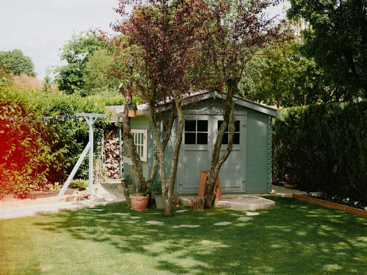 a small shed with a tree in the yard