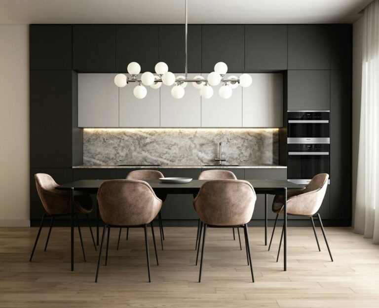 a kitchen with a table and chairs, Dark Kitchen Ideas