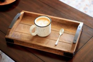 white ceramic mug on brown wooden serving tray, Tray Decorating Ideas