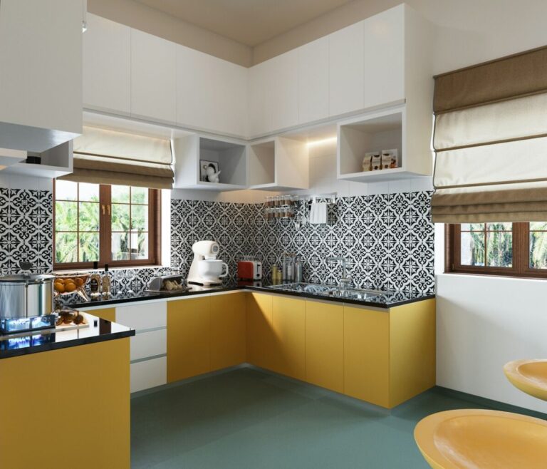 a kitchen with a yellow counter and yellow chairs, yellow kitchen ideas