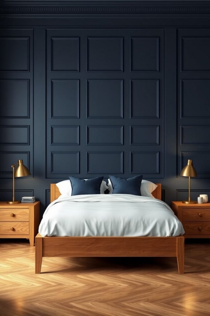 Panel molding wall in deep slate blue highlighting elegant bedroom accent wall ideas with grid texture.
