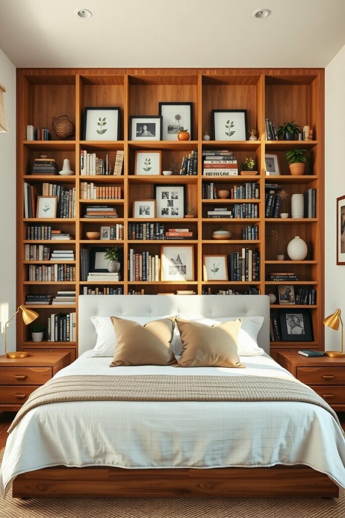 Custom bookshelf wall doubling as decor, showing cozy and intellectual bedroom accent wall ideas.
