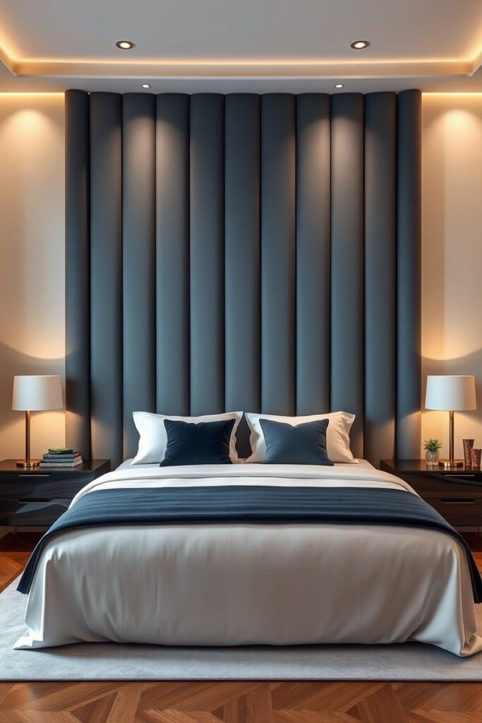 Velvet upholstered headboard panel as luxury bedroom accent wall ideas for boutique hotel feel.