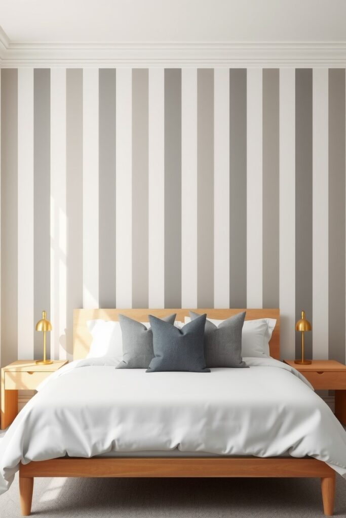 Striped painted wall in muted tones illustrating subtle yet stylish bedroom accent wall ideas.