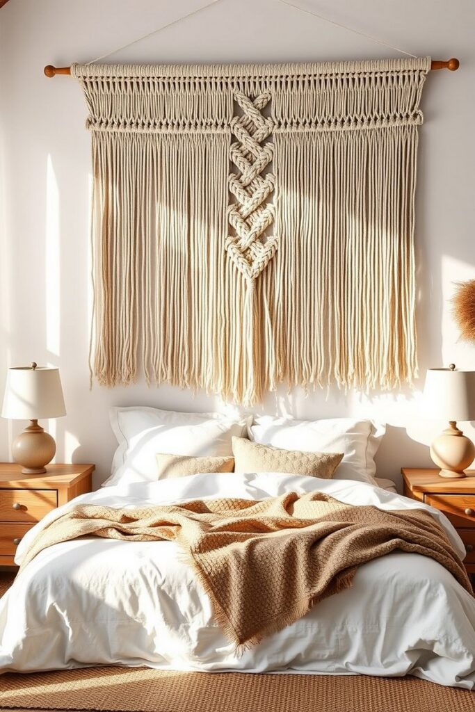Boho macramé wall hanging as handcrafted bedroom accent wall ideas for cozy artistic spaces.