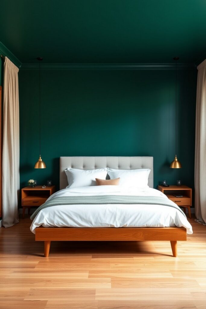 Forest green paint wrap onto ceiling – bold architectural bedroom accent wall ideas.