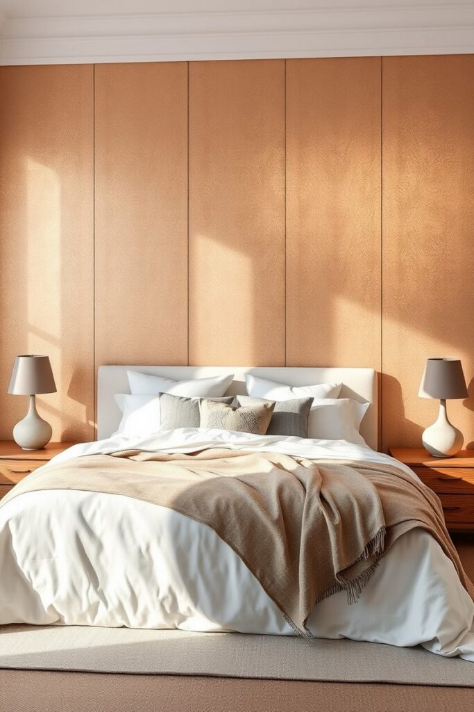 Antique bronze metallic wallpaper showing luxe and modern bedroom accent wall ideas.