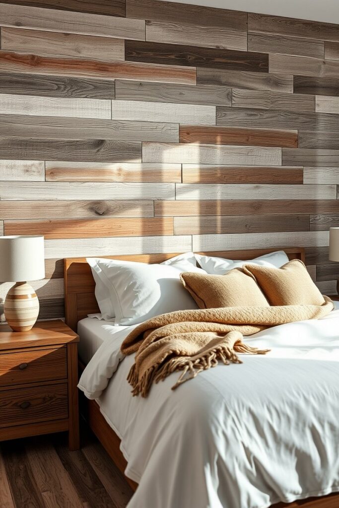 Reclaimed wood planks for rustic bedroom accent wall ideas with deep textures and warm tones.