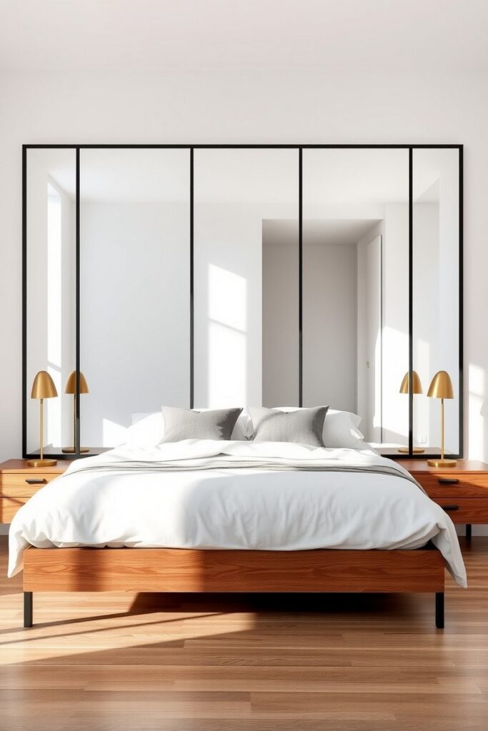 Oversized mirror behind bed reflecting light – sleek and spacious bedroom accent wall ideas.