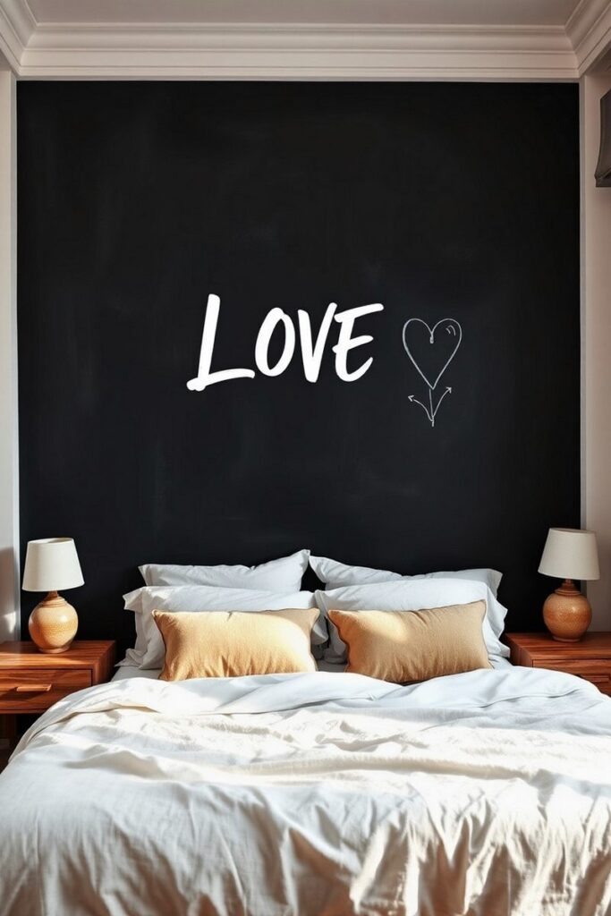Chalkboard painted wall with handwritten quotes – moody and creative bedroom accent wall ideas.