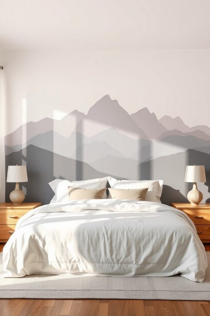 Hand-painted mountain mural as serene and nature-inspired bedroom accent wall ideas.