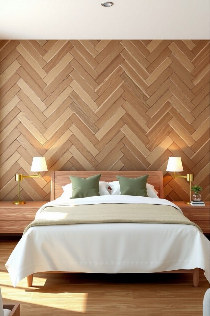 Herringbone oak wood wall for elegant and geometric bedroom accent wall ideas.