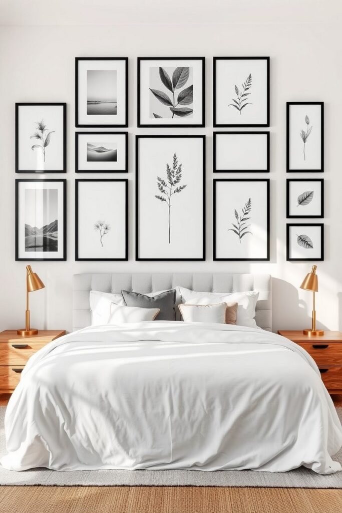 Symmetrical gallery wall of black frames showing curated bedroom accent wall ideas.