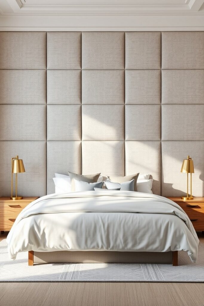 Linen-upholstered panels in dove gray for cozy boutique-style bedroom accent wall ideas.