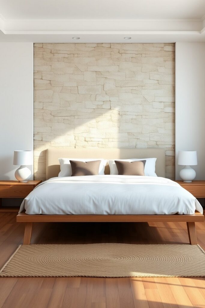 Natural stone accent wall as tranquil, organic bedroom accent wall ideas for minimalist design.