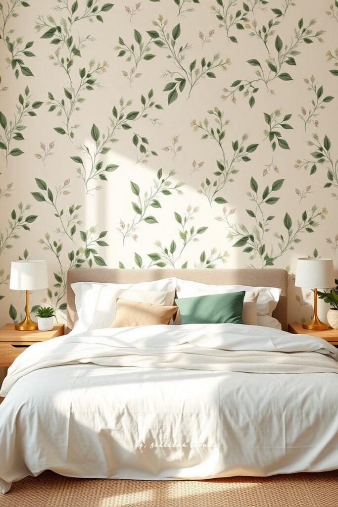 Botanical print wallpaper in sage green and ivory for nature-inspired bedroom accent wall ideas.