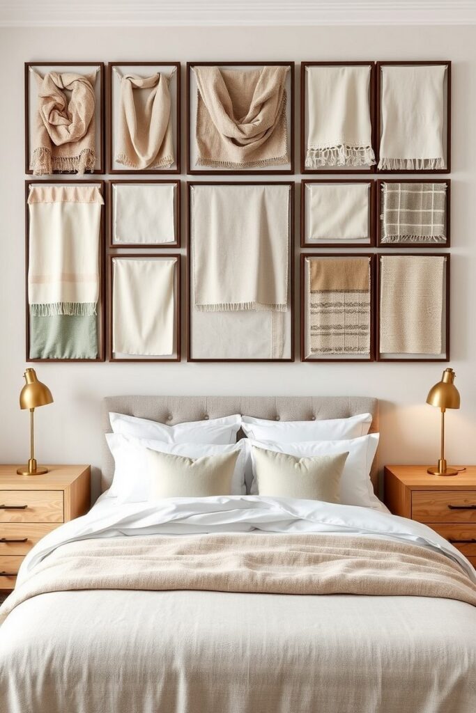 Framed fabric panel gallery in muted tones – eclectic and tactile bedroom accent wall ideas.