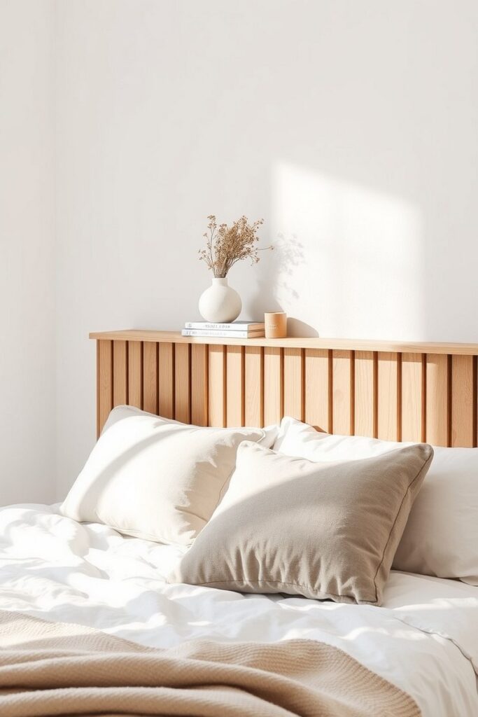 Half-height vertical oak slat wall with decor ledge as stylish bedroom accent wall ideas.