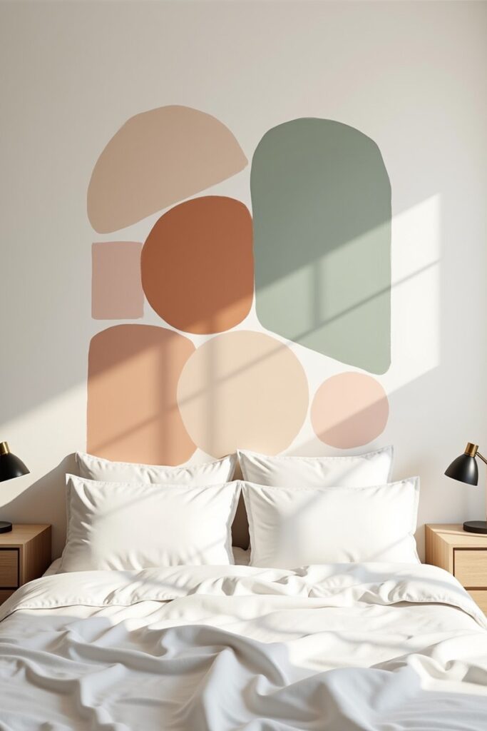 Hand-painted geometric shapes for playful and modern bedroom accent wall ideas.
