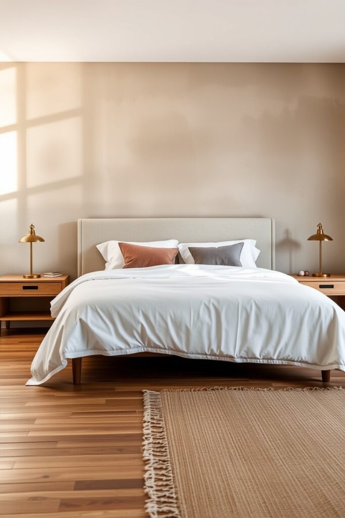 Limewashed taupe wall with watercolor texture – serene and earthy bedroom accent wall ideas.