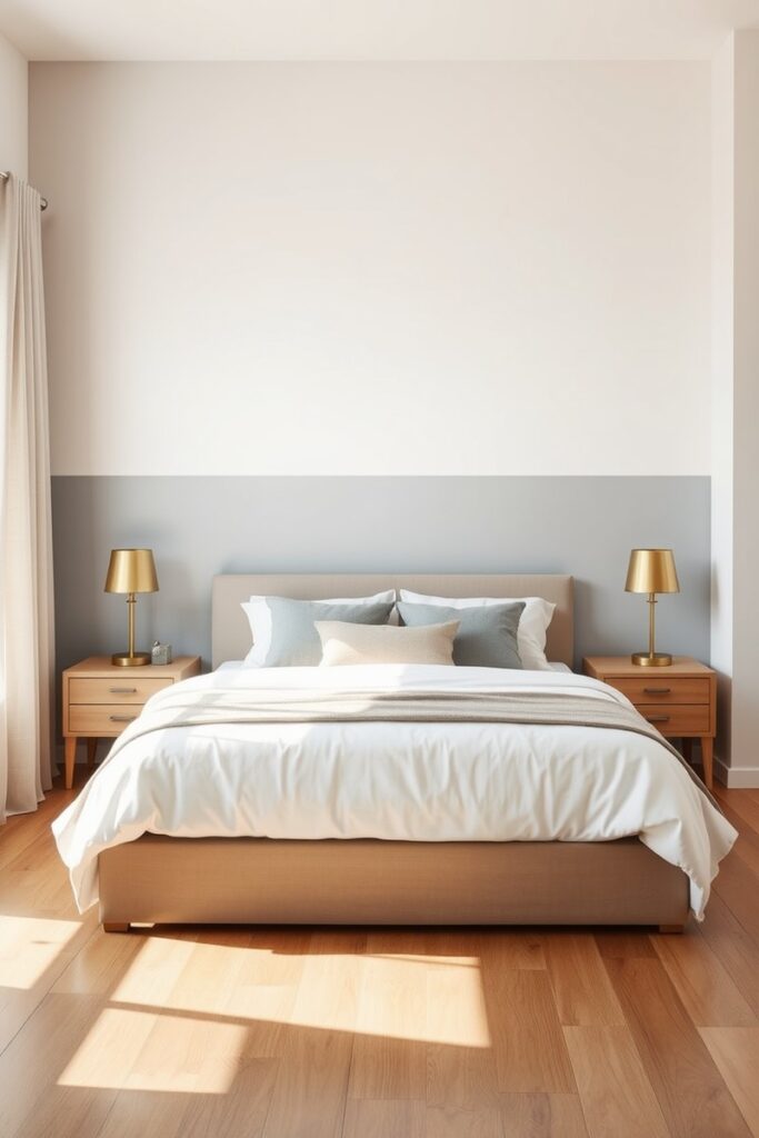 Two-tone painted wall showing modern bedroom accent wall ideas with soft gray and crisp white contrast.