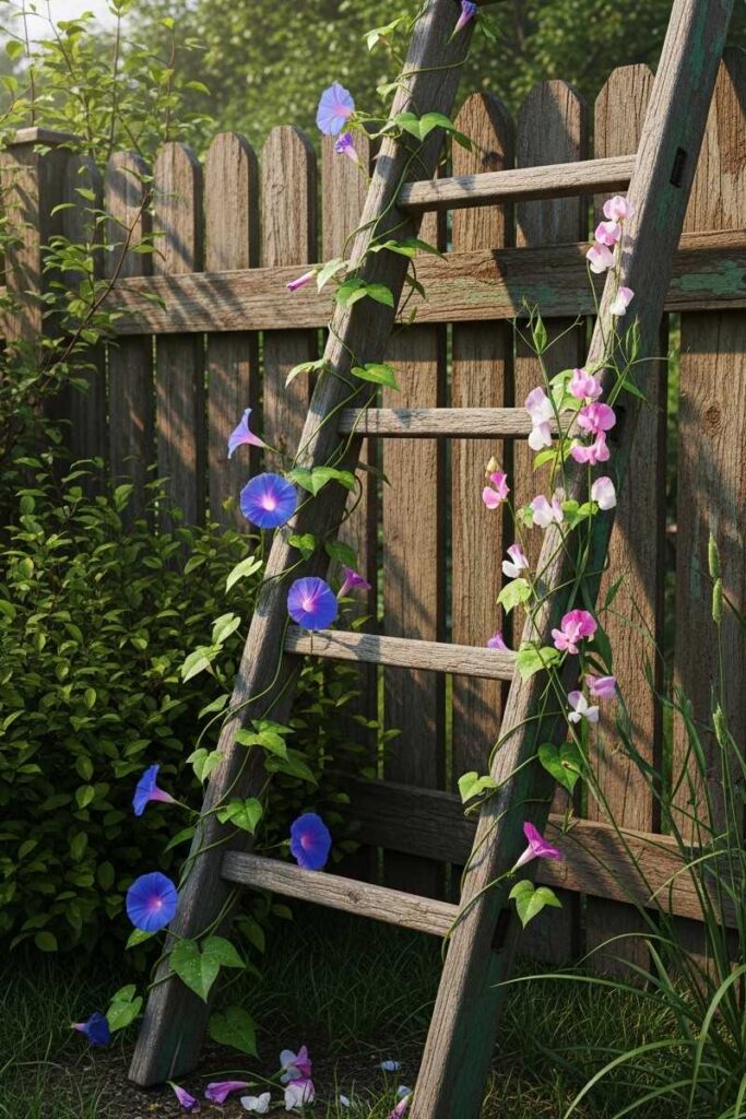 Garden trellis ideas using a weathered wooden ladder with sweet peas and morning glories climbing in a rustic backyard setting.
