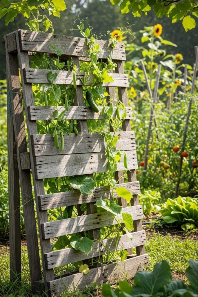Farmhouse-style garden trellis ideas using a weathered wooden pallet with peas and cucumbers climbing through.