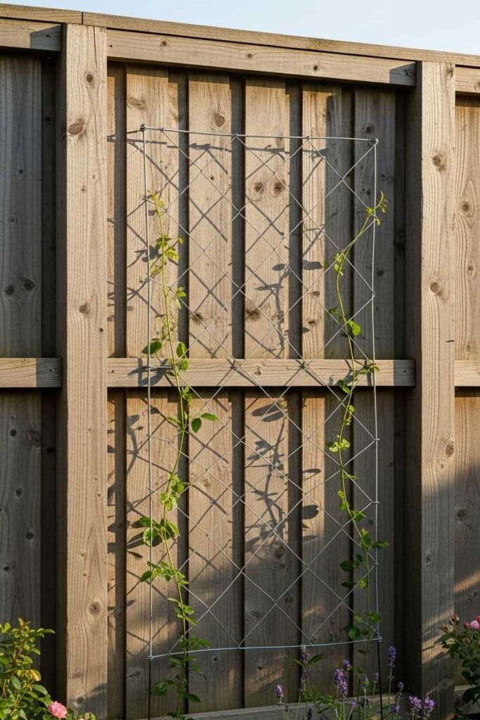 Simple garden trellis ideas showing a DIY wire trellis on a backyard fence with delicate vines starting to grow.