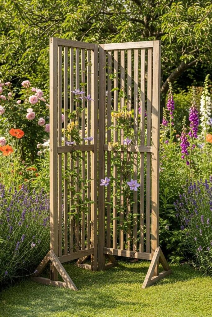Movable garden trellis ideas with a folding wooden screen among flowering plants and gently climbing vines.
