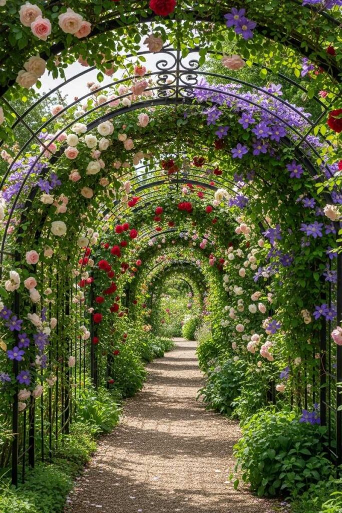 Floral garden tunnel created with a metal arch covered in clematis and roses—romantic garden trellis ideas.