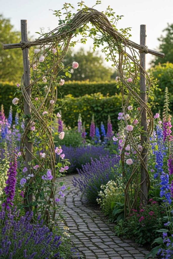 Cottage-style garden trellis ideas using woven willow branches supporting soft green climbing vines.