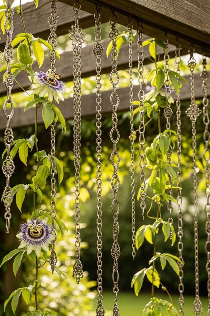 Airy garden trellis ideas with decorative chains hanging from a pergola and passionflowers climbing along the links.