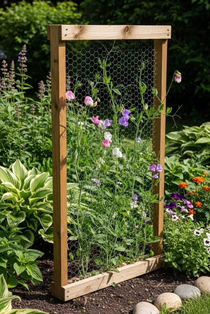 Classic garden trellis ideas using a wooden frame filled with chicken wire to support climbing sweet peas.