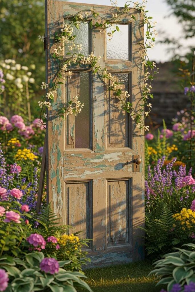 Whimsical garden trellis ideas with a reclaimed wooden door and vines woven through weathered wood panels.