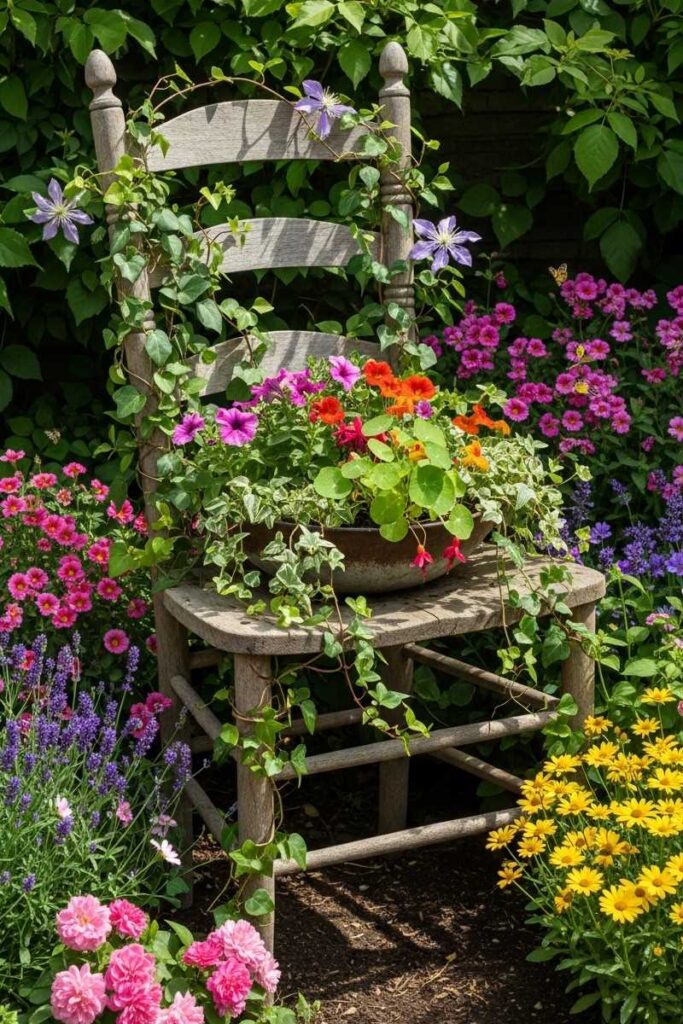Playful garden trellis ideas featuring a vintage ladder-back chair repurposed with climbing vines and a planter.