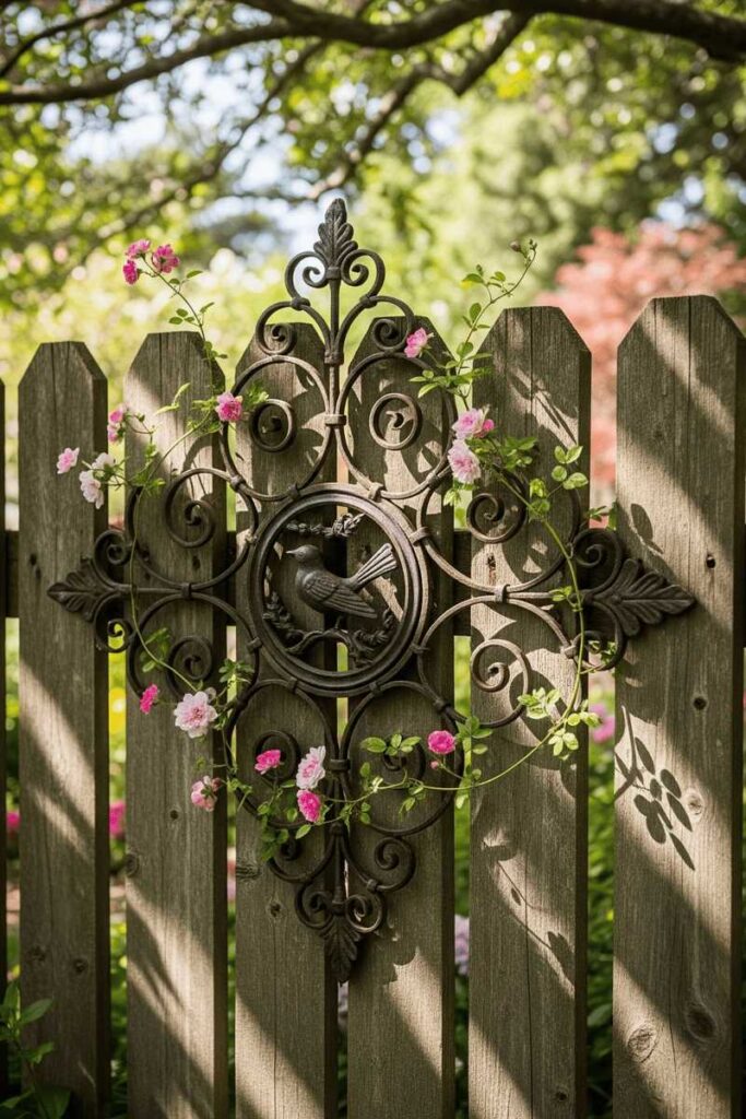 Elegant garden trellis ideas using ornate wrought iron wall art as a vertical support for flowering vines.