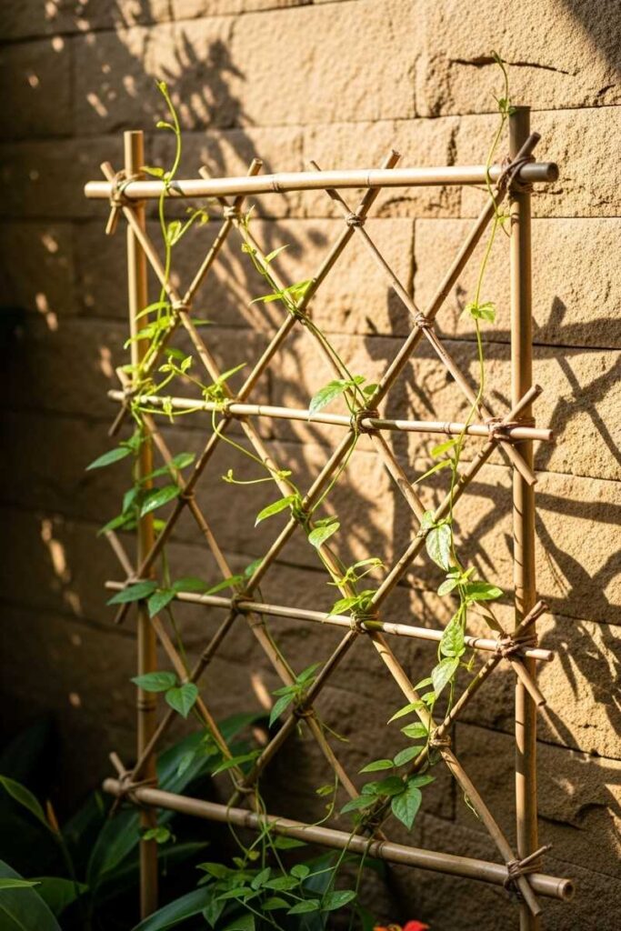 Crisscross bamboo trellis mounted on a garden wall with climbing vines—tropical and serene garden trellis ideas.