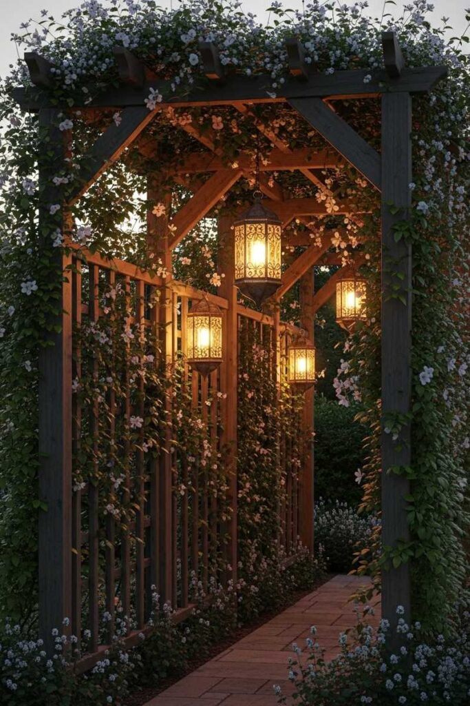 Romantic garden trellis ideas featuring a wooden arbor with climbing flowers and softly glowing lanterns.
