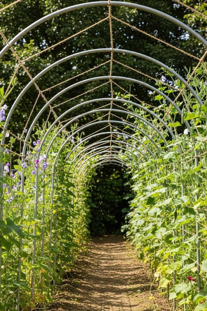 Inviting garden trellis ideas with a metal hoop tunnel covered in lush climbing vines over a garden pathway.