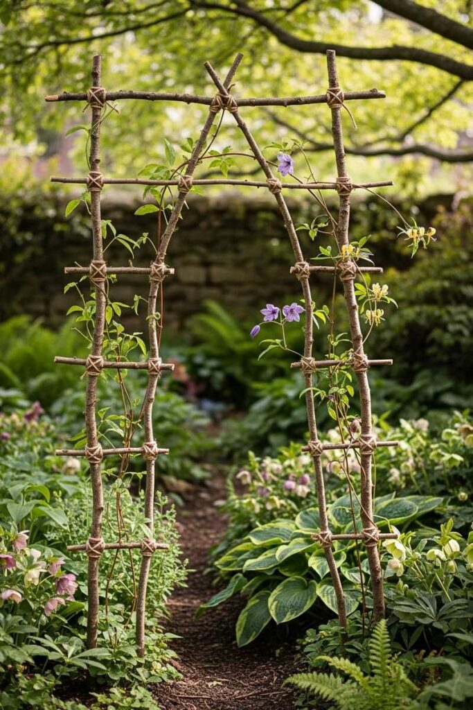 Earthy garden trellis ideas using a handmade lattice of curved tree branches and natural twine with creeping vines.