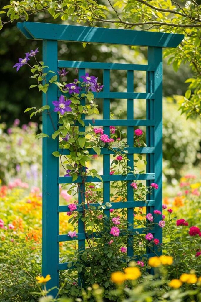 Colorful garden trellis ideas with a painted teal wooden lattice supporting fresh climbing plants.