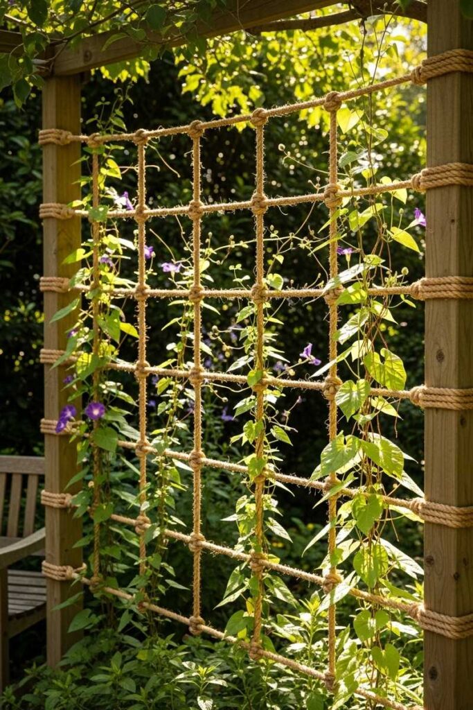 Light and breezy garden trellis ideas featuring a natural rope grid with trailing green vines in a relaxed setting.
