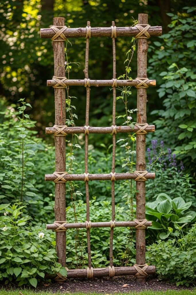 Woodland-style garden trellis ideas using rustic logs lashed into a rectangle and climbing vines weaving through.
