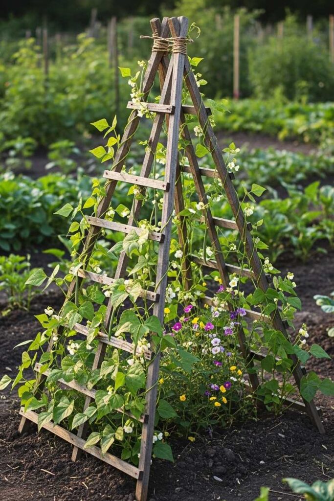 Functional garden trellis ideas with a wooden A-frame in a vegetable patch covered in pole beans and flowering vines.