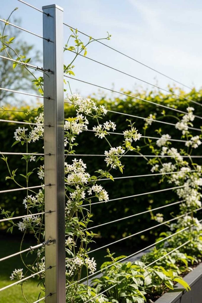 Modern garden trellis ideas using stainless steel tension wire for flowering vines along a sleek backyard fence.
