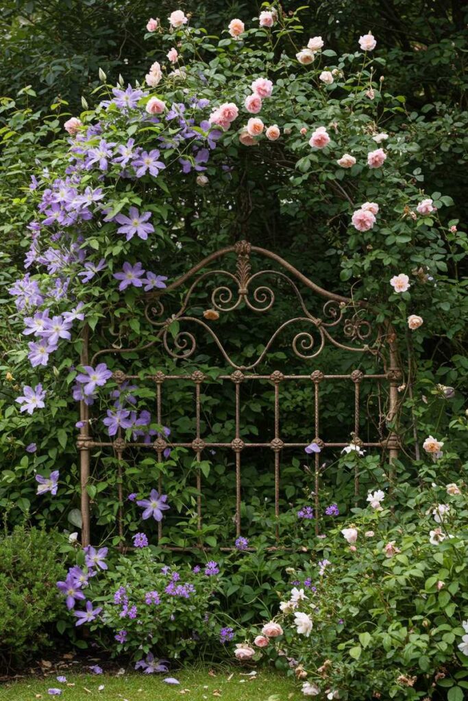 Romantic garden trellis ideas featuring a vintage wrought iron headboard covered in clematis and climbing roses.