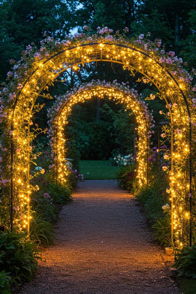 Magical garden trellis ideas showcasing an arch covered in flowering vines and twinkling fairy lights at dusk.
