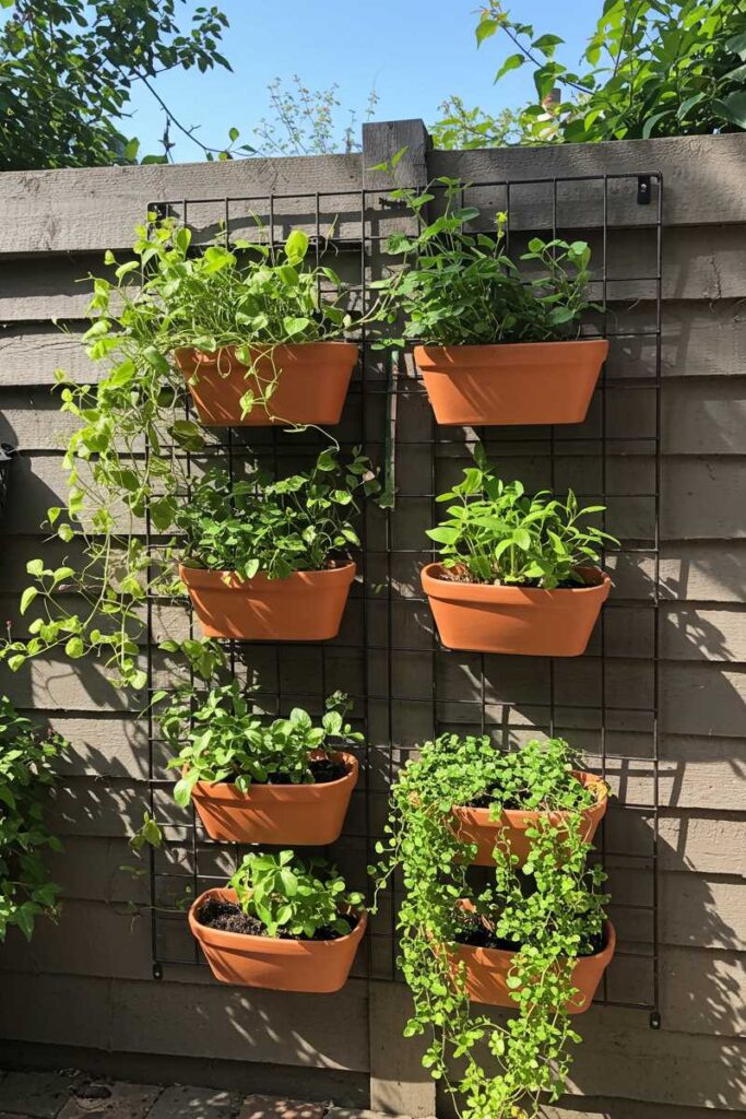 Urban garden trellis ideas using a vertical metal grid with hanging pots and climbing vines on a sunny patio wall.
