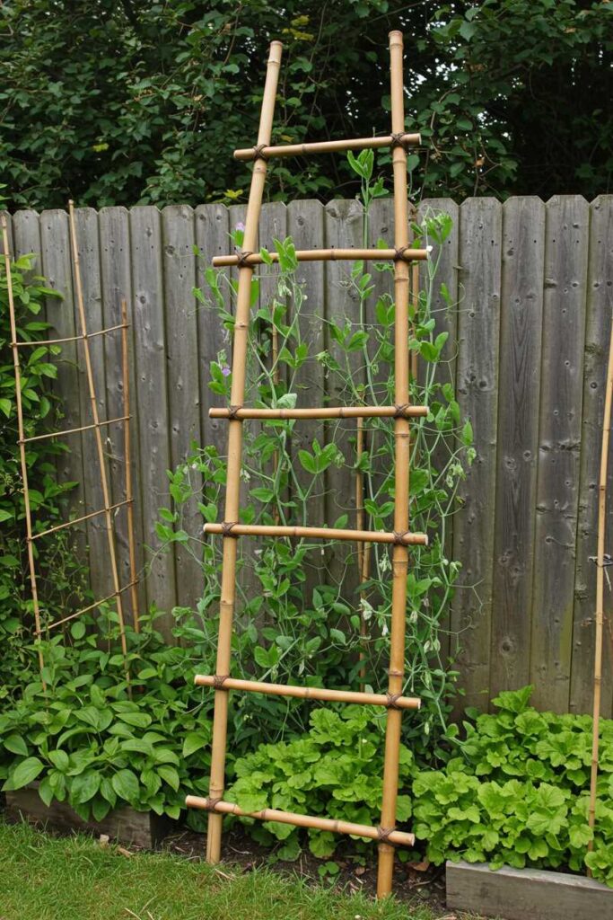 Minimalist garden trellis ideas using a simple bamboo ladder for sweet peas and climbing vegetables in lush greenery.