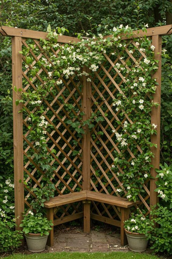 Cozy garden trellis ideas featuring a right-angled wooden corner trellis with cascading ivy and jasmine.